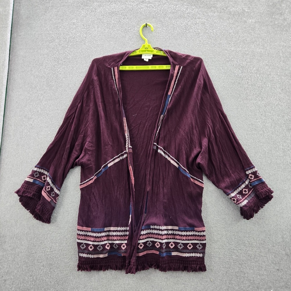 Knox Rose Women Cardigan XL Purple Geometric Bohemian Embroidered Fringe Open